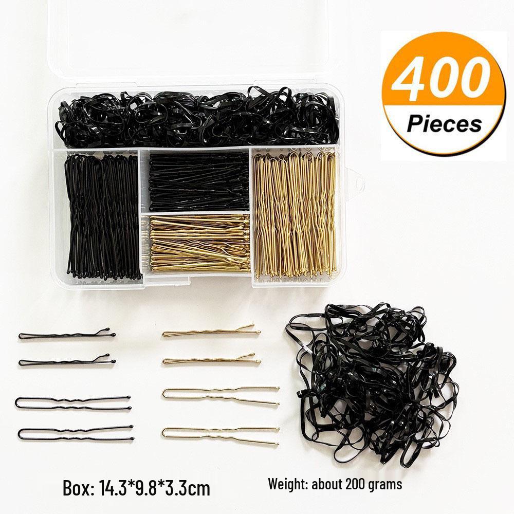 400-Piece Hair Accessory Set: Bobby Pins, U-Shaped Pins, Hair Ties, and Minimalist Metal Clips for Updos.