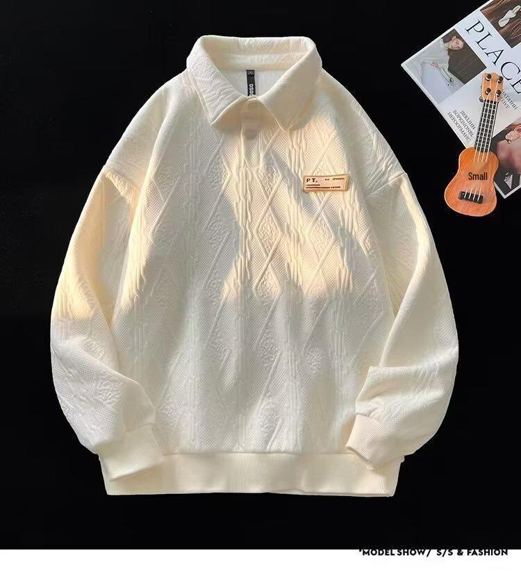 Men's Casual Loose Long Sleeve Polo Hoodie - Trendy Spring/Autumn Lapel Jacquard Top for Couples