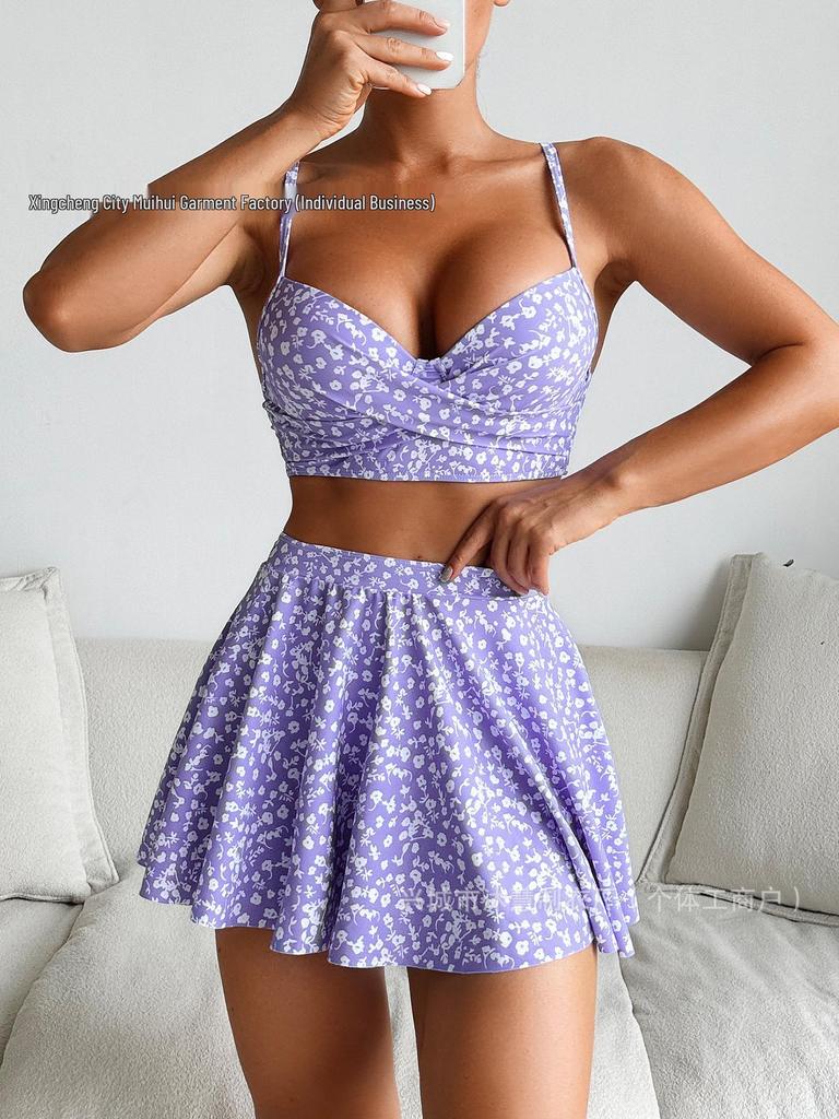 European & American Print Style Three-Piece Bikini Swimsuit Set for Women - 2026 Trend