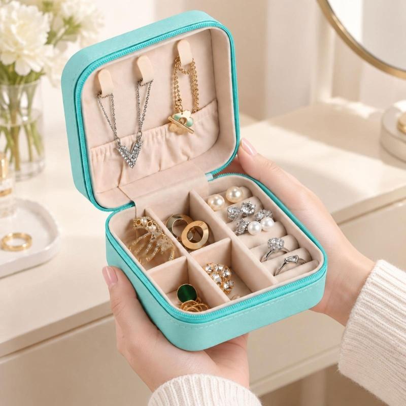 Zippered Leather-Material Jewelry Storage Case with Lid Hooks, Interior Pocket, Ring Rolls, and Removable Dividers