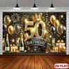 2D Flat 1pc Luxurious 50th Birthday Polyester Banner Birthday Party Background Gold and Black Theme and Fireworks Design