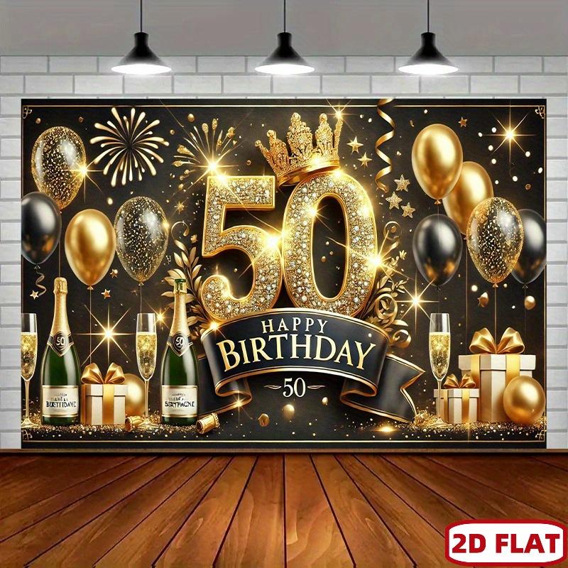 2D flat 1pc luxurious 50th birthday polyester banner  birthday party background  gold and black theme and fireworks design 130x150cm