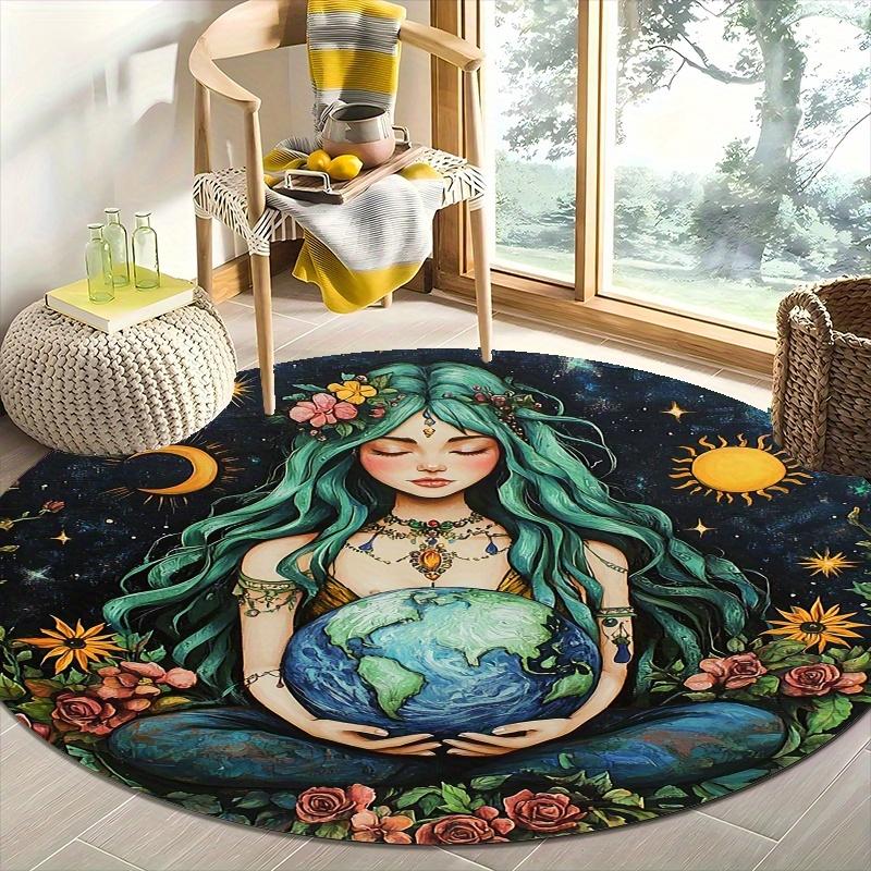 Mysterious Goddess Earth Flannel-printed Round Floor Mats Are Slip-resistant Suitable Living Room Bedroom Terrace Garden Carpets