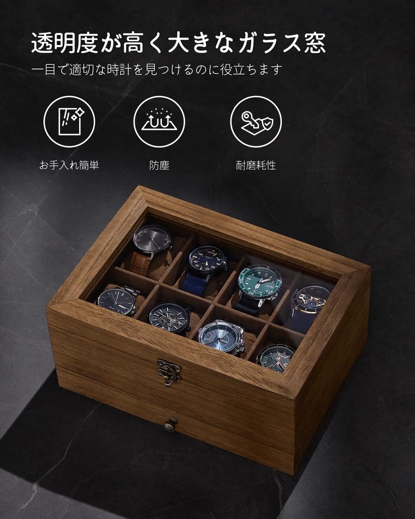 SONGMICS Watch Wooden Watch Storage Box with Jewelry Box with Clear Perfect for Watch Day Birthday Wood JOW008K01 Case, 8-Piece Drawers, Two-Tier