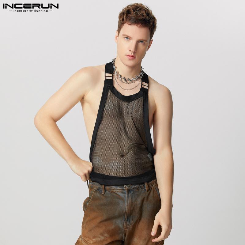 

INCERUN Men Sleeveless Tank Tops Party Club Backless Hollow Mesh Vest M чорний