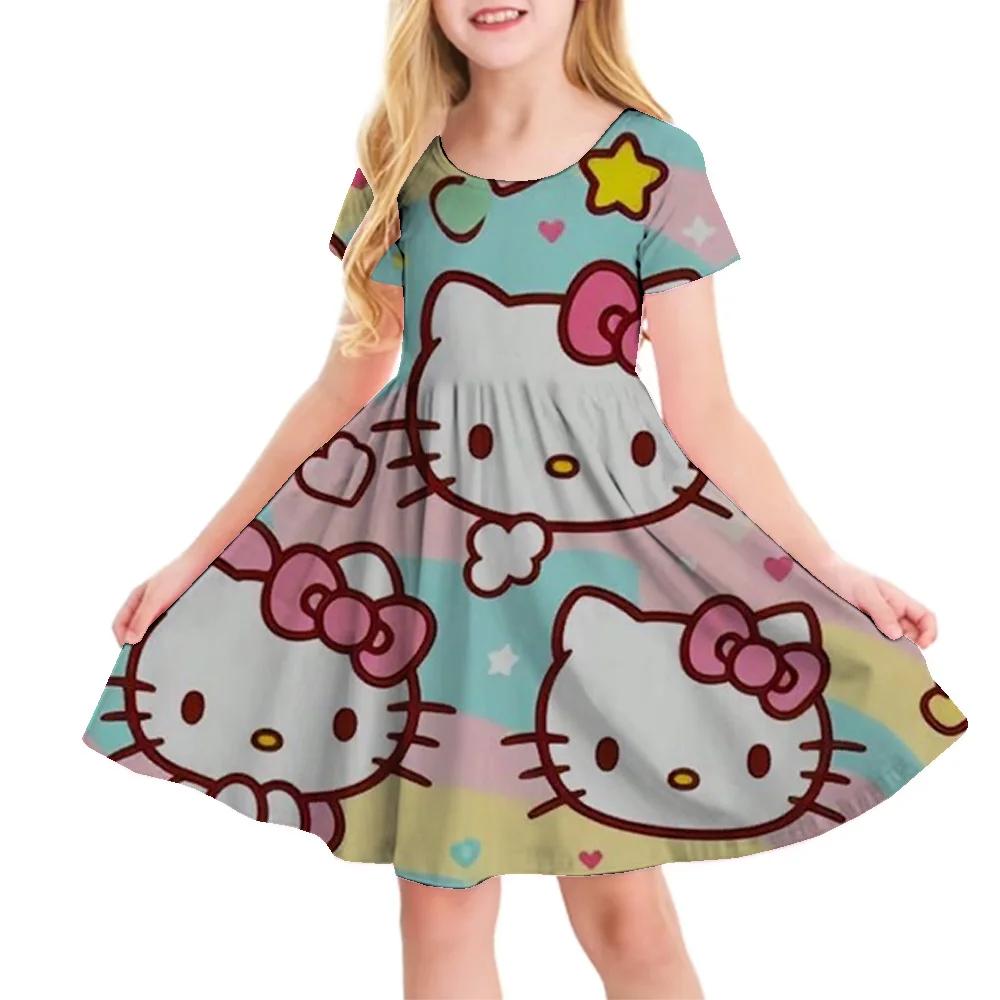 Sanrio New Summer Girls Dress Fashion Cartoon Cute Cinnamoroll &Hello Kitty 3D Printing Dress Kid Short Sleeve Princess Clothing