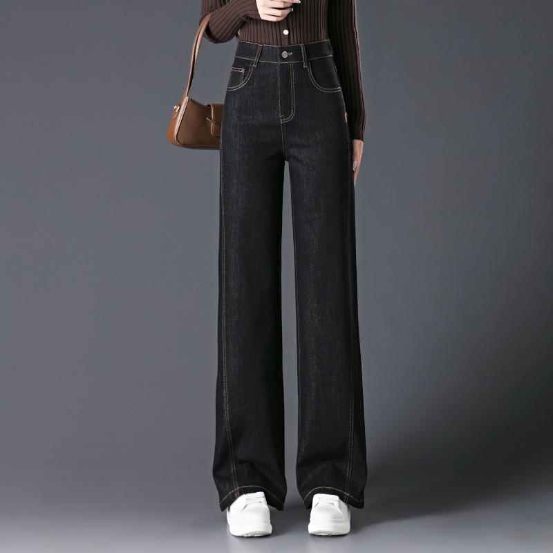 2026 Women s Black High-Waisted Wide-Leg Jeans – Autumn Plus-Size Casual Slimming Straight Pants Size 28