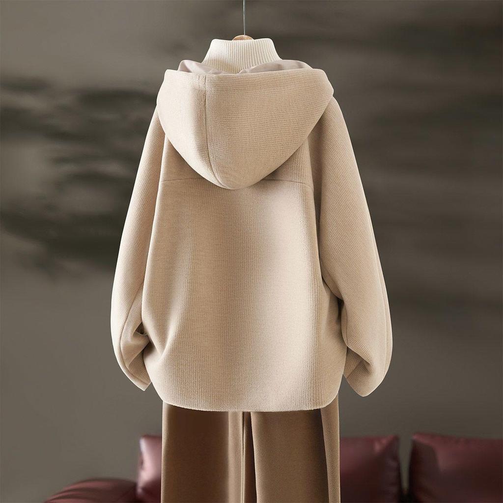 Women's Thickened Woolen Coat with Hood - Stylish Casual Winter Outerwear, Plus Velvet, Loose Silhouette 