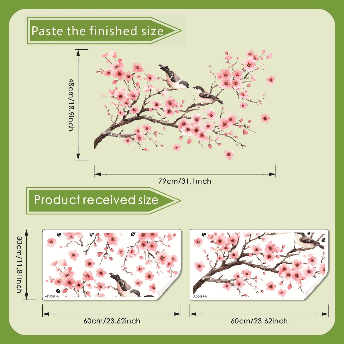 

Съемные самоклеящиеся наклейки на стену с птицами и сакурой, домашний декор для гостиной, спальни, винтажные элегантные наклейки 30x60cm*2pcs розовый