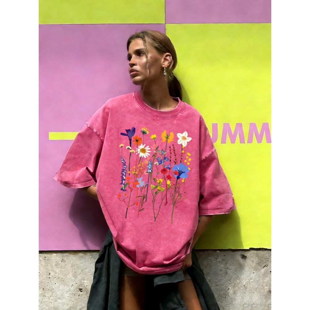 Flowers That Strive To Grow Print Washed T-Shirt Women Cotton Summer Short Sleeves Loose Breathable T Shirts Streetwear
