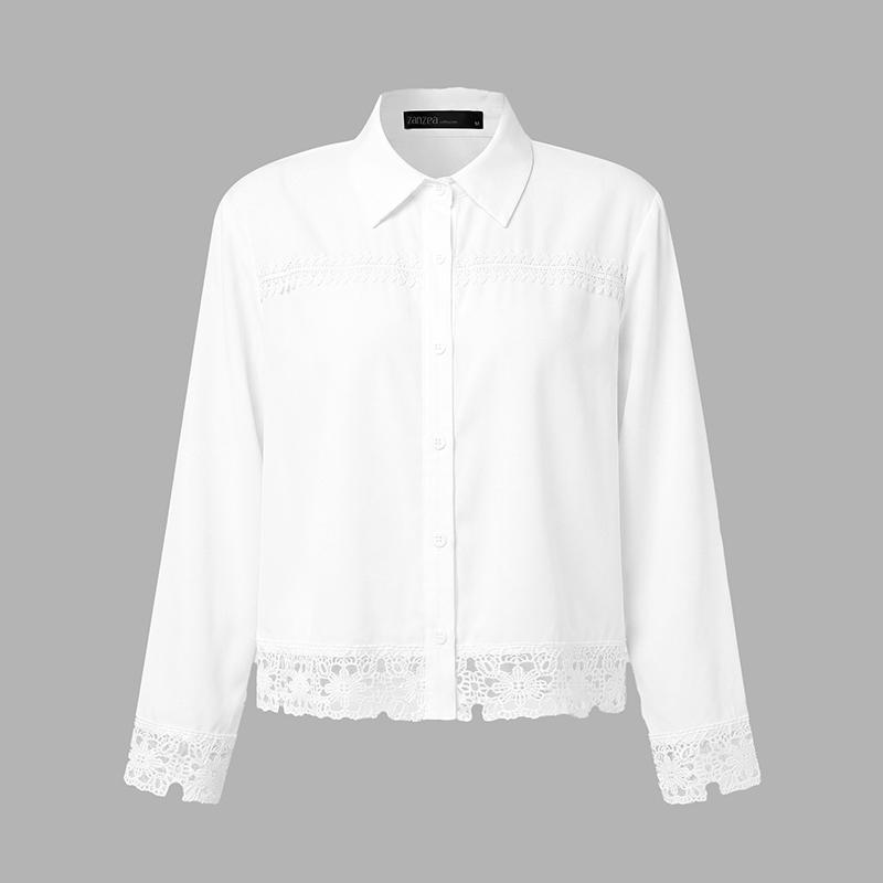 ZANZEA Women Casual Turn Down Collar Loose Lace Crochet Splice Long Sleeve Blouse