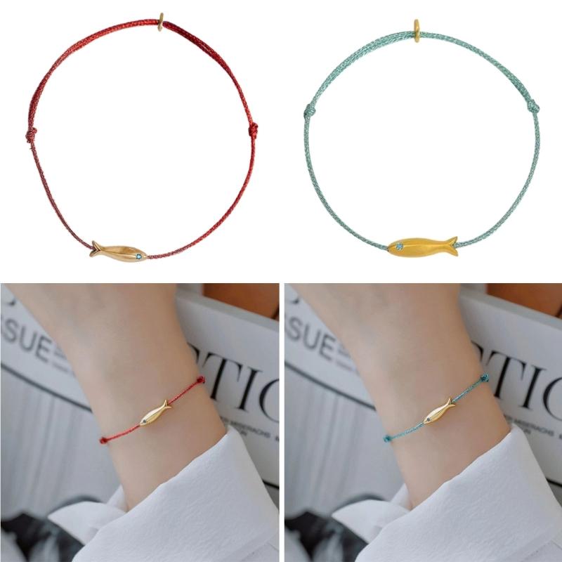2 Pcs Fashion Gold Fish Charm Anklet Leg Foot Chain Lucky Carp Anklets Beach Jewelry Simple Blue Redness  Rope Woven Anklets