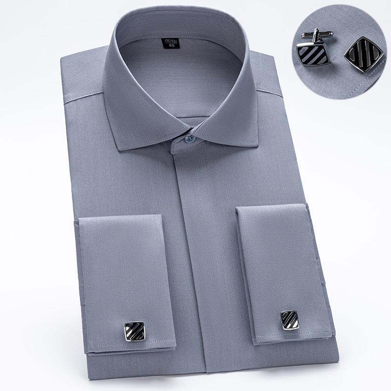 Camicia da Abito con Colletto Windsor e Polsini alla Francese Moda Uomo Manica Lunga Lusso Business Camicie Formale Polsino con Bottoni Coperti Camicia per Gemelli
