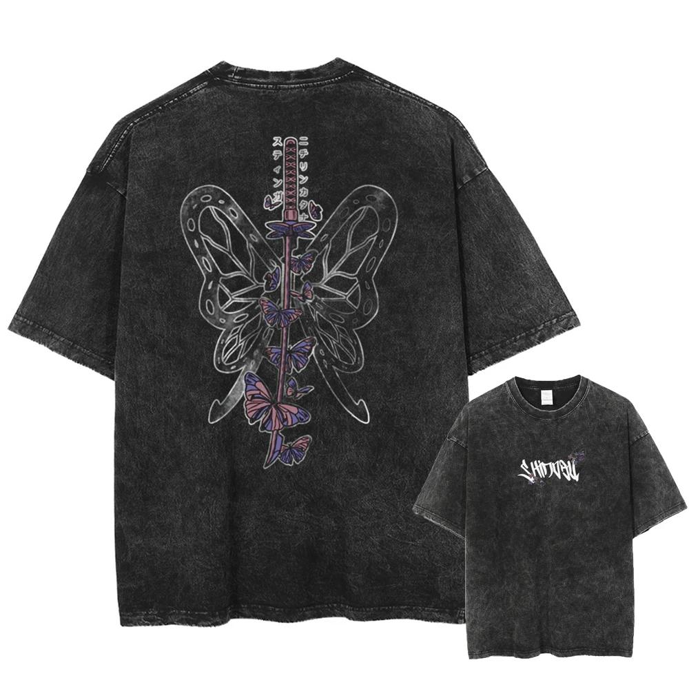 Fashion Anime Demon Slayer Rengoku Kyoujurou Men Washed Vintage T-shirt Summer Short Sleeve Cotton Casual Top Tee