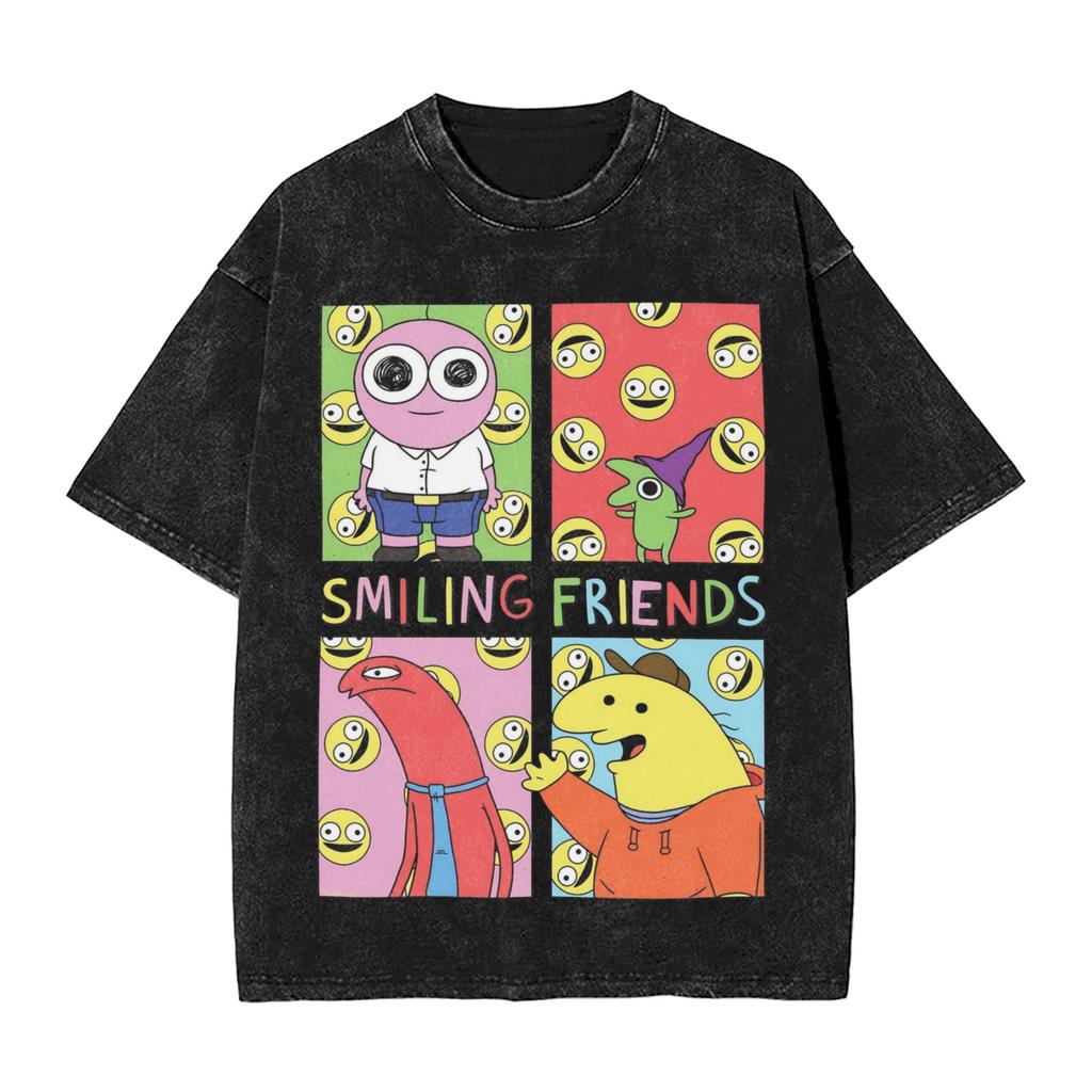 Vintage Smiling Friends Cartoon Outfit T-Shirts for Men Women Cotton Washed Tee Shirts Clothes
