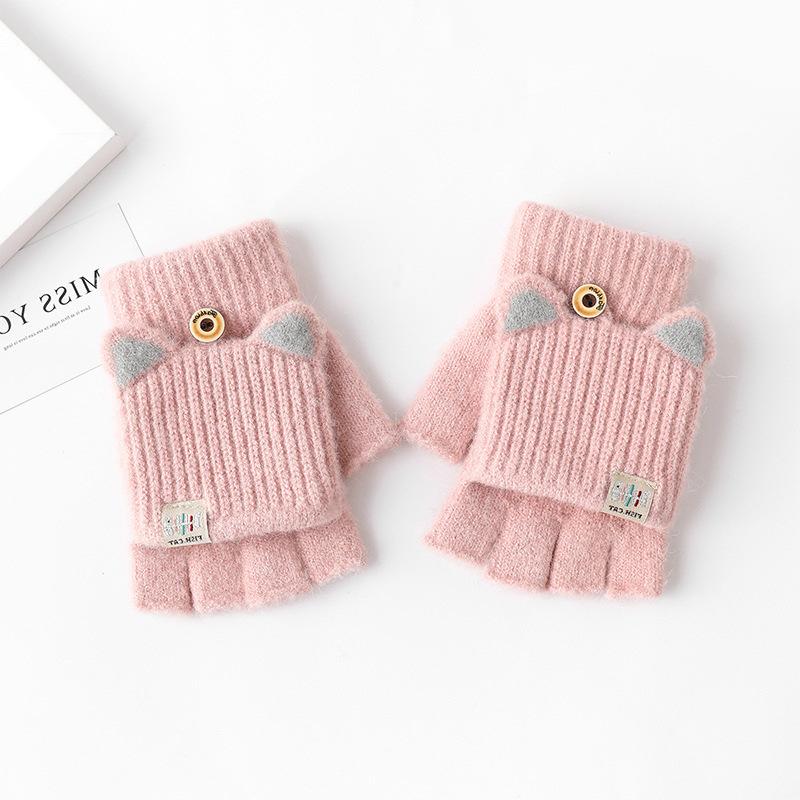 1Pair Cute Mittens Flip Half Finger Glove For Women Girls Winter Soft Warm Thick Gloves Student Cold Resistant Writing Gloves