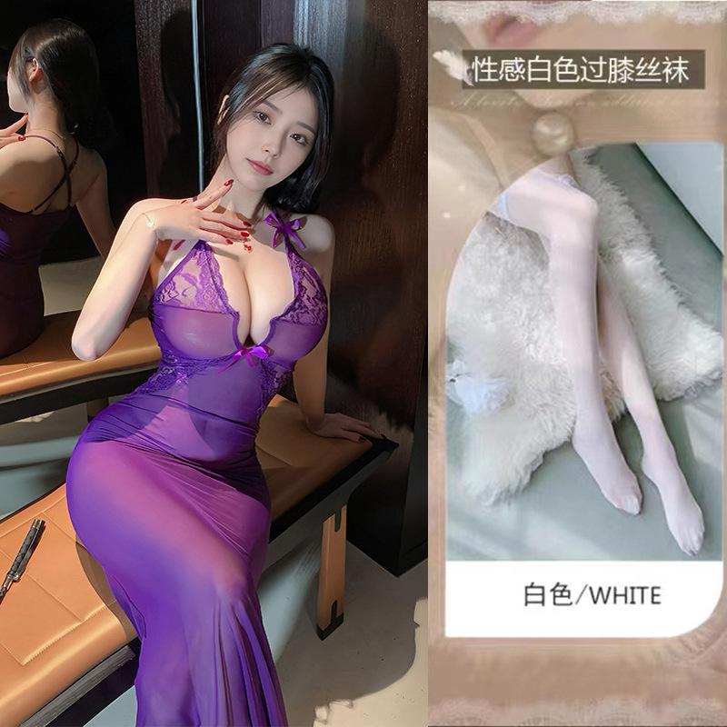Sexy lingerie sexy perspective long dress female deep v suspender flirting seduction bed dating pure lust passion