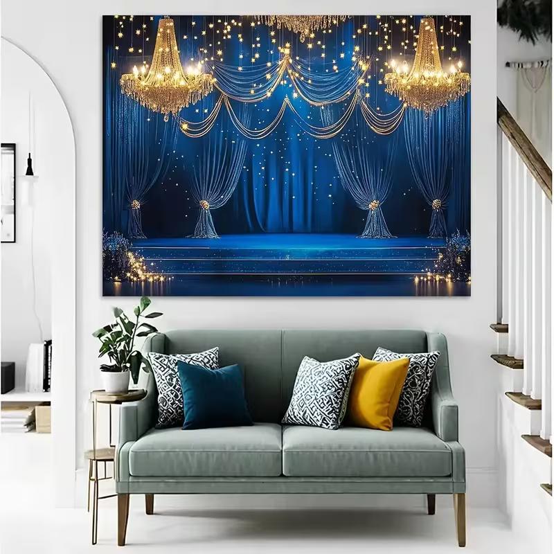 2D Blaue Goldene Kronleuchter Kulisse für Hochzeitsfotoshooting