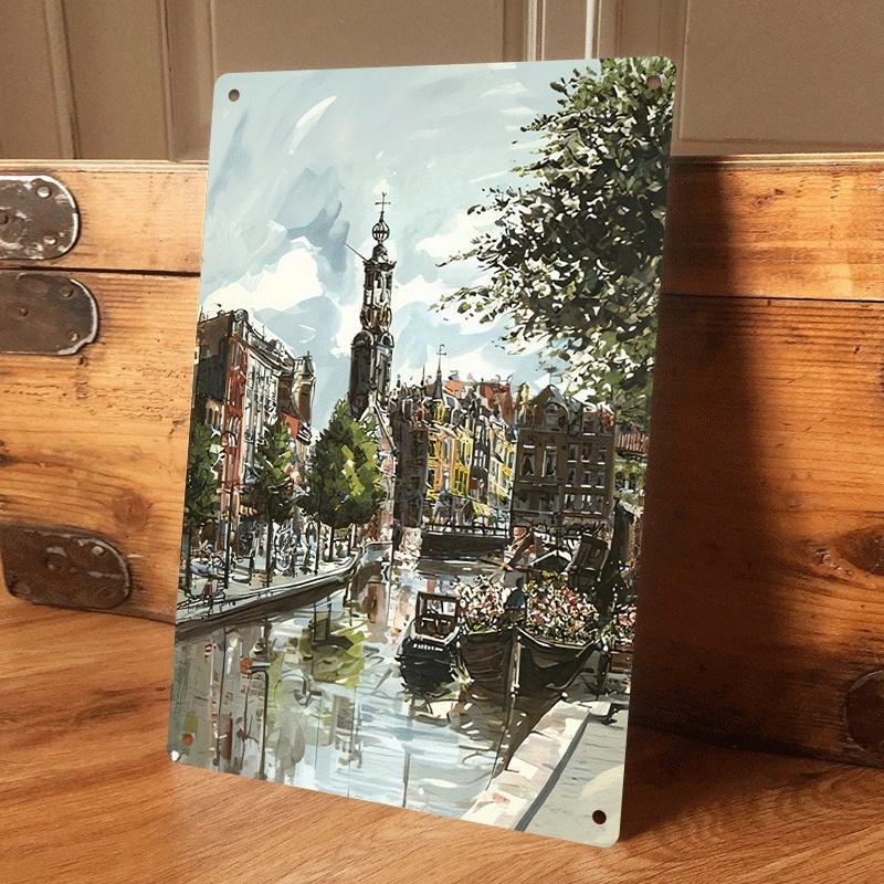 1 piece: Amsterdam canal scenery tinplate painting, European retro architectural decorative painting, living room/entrance wall (as the picture,20x30cm)