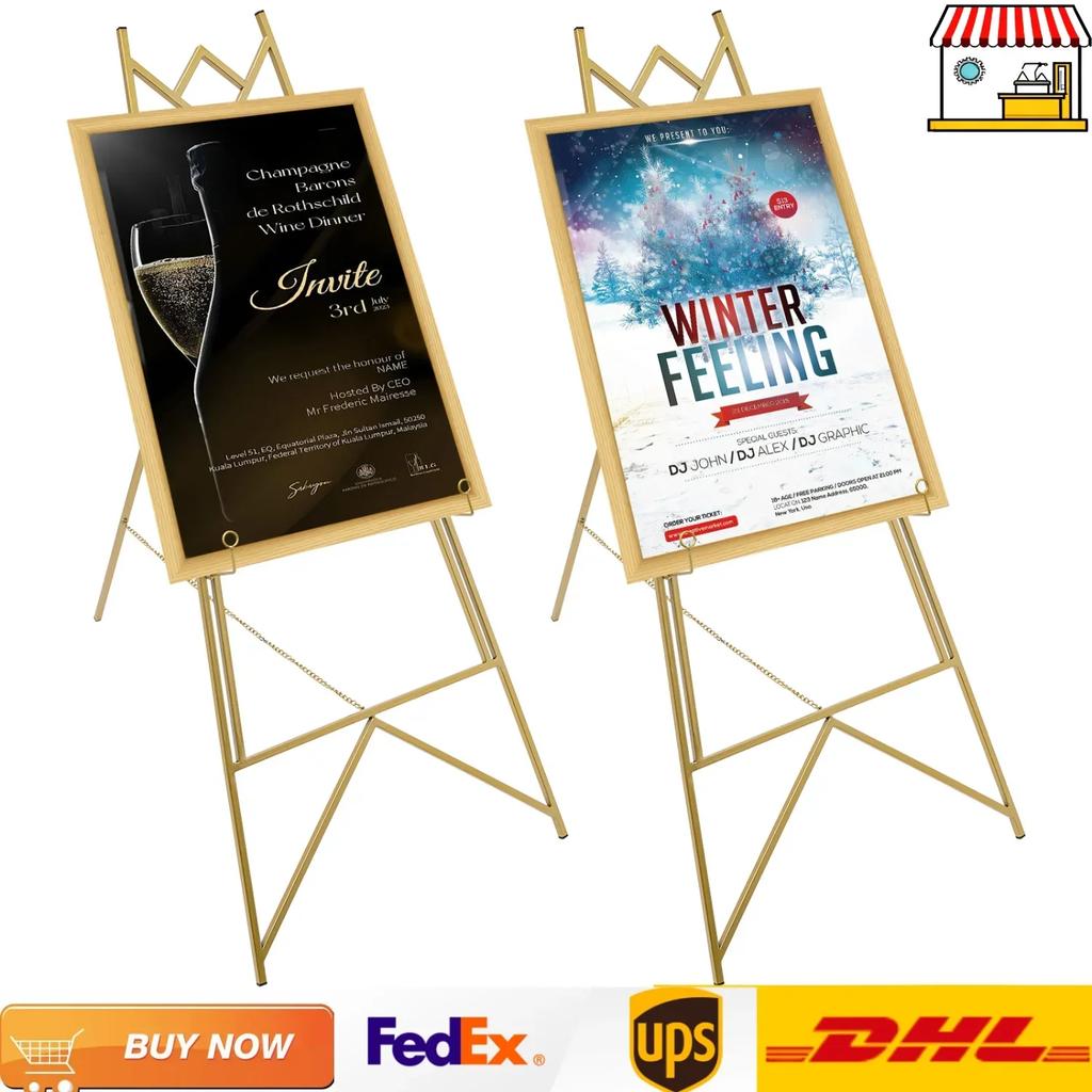 2-Pack Gold Steel Easel Stands with Adjustable 60cm Chain, 10kg Load Capacity, Easy Assembly