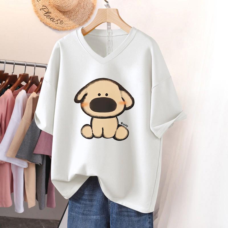 

Short-sleeved T-shirt for Women, Large Size, Loose and Slimming, Printed V-neck Top S білий