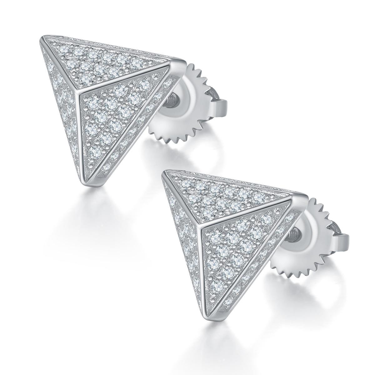 Hip Hop Full Stud Earrings S925 Sterling Silver Moissanite Yellow Gold Personality Three-Dimensional Triangular Earrings