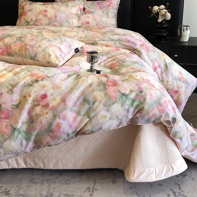 French Pastoral Oil Painting Style 100S Pure Cotton Satin Long-Staple Cotton Four-Piece Digital Printing Bedding