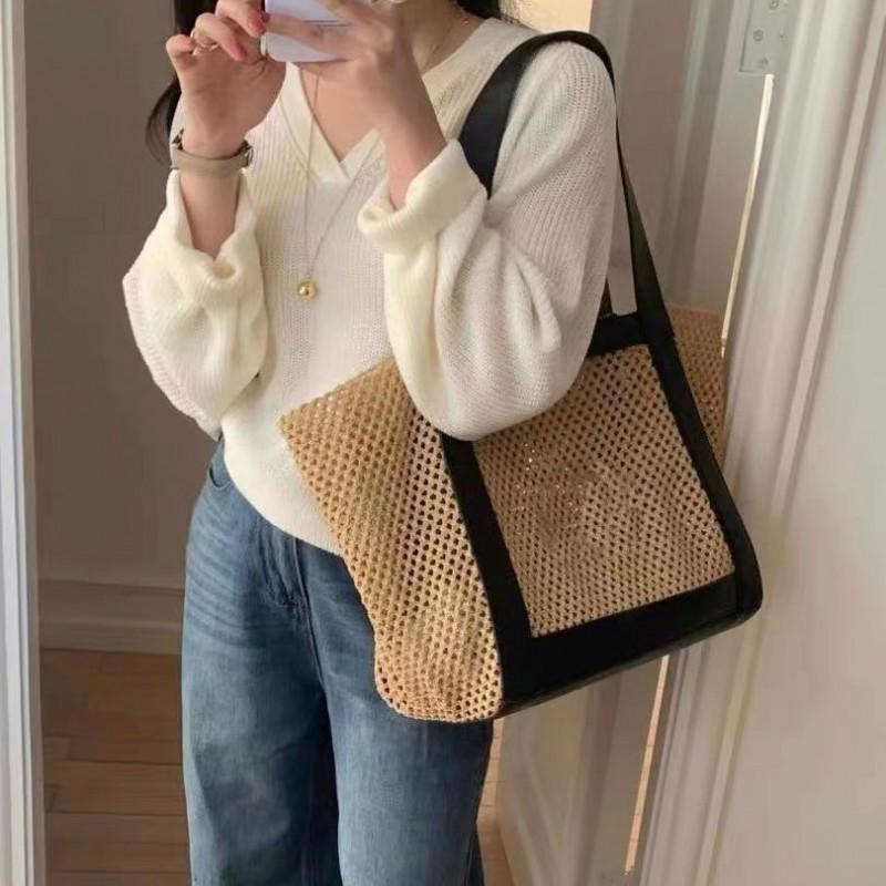Womens 2025 Woven Straw Tote Bag Large Capacity Shoulder Minimalist Chic Design Soft PU Interior Casual Travel Use