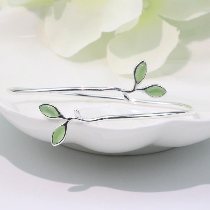 925 Silver Bracelet Bangle Simple Green Leaf Elegant Nature For Woman Girl Fashion Jewelry Gift Dropship