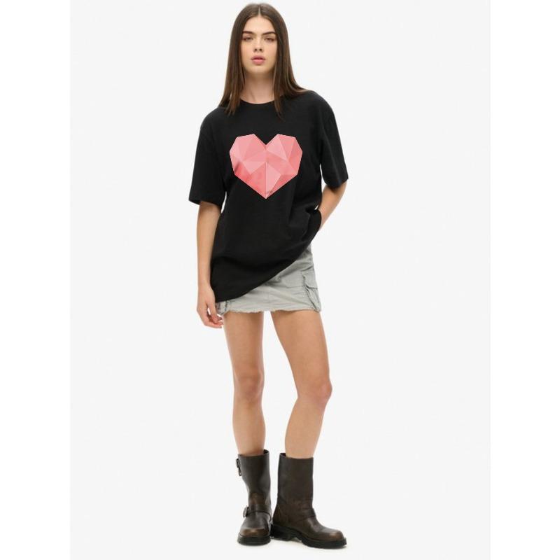 Oversized T-Shirt Black Geometric Heart Print Casual Wear