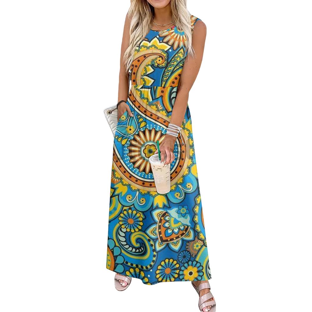 Ladies' Floral Print Casual And Fashionable Waist Cinched Sleeveless Dress