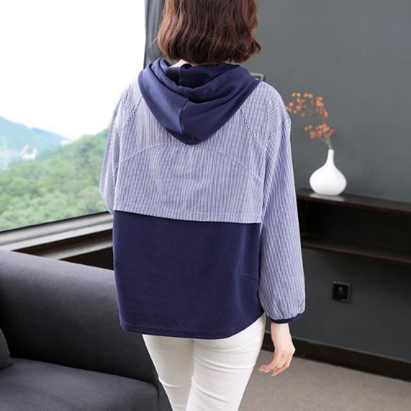 Plus Size Womens Loose Hooded Sweatshirt Middle Age Mom Striped Patchwork Tummy Cover Top