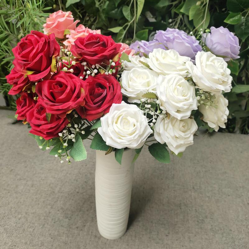 Realistic Rose Silk Bouquet 9 Stems Wedding Photography Props Decoration Home