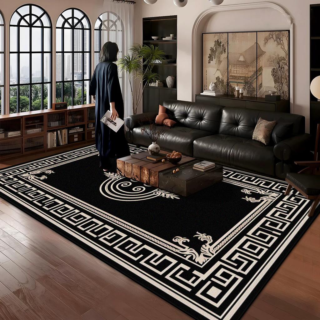 Chinese Style Border Design Carpet Large Area Living Room Antiskid Decoration Rugs Black Bedroom Washable Foot Mat Customizable