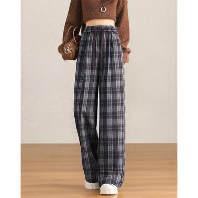 Women's Plaid Drawstring Wide-Leg Casual Pants