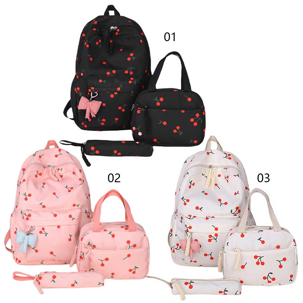 Three-Piece All-Match School Bag Large Capacity Laptop Backpack Cherry Printed Kawaii Nylon Backpack School Outdoor Backpack