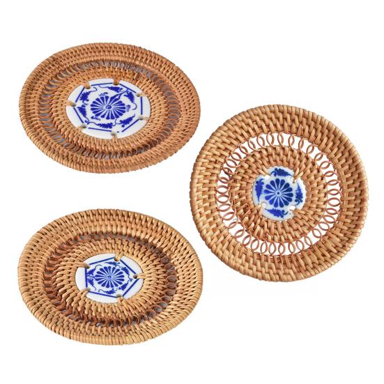 Handmade Rattan Coasters Heat Insulation Pads Kitchen Table Mats with Ceramic Inlay Decorative Placemats for Dining Room Bar
