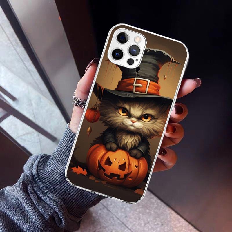 Black Kitten Halloween Pumpkin Phone Case For iPhone 17 Air 11 13 Mini 14 15 Plus 16 12 Pro Max 16E SE 7 8 Pattern Soft TPU Back