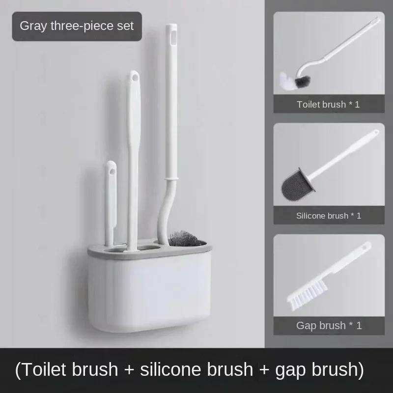 

Wall-mounted Toilet Brush Set 3 in1 No-dead-corner Punch-free Long Handle Soft Bristle Cleaning Brush Home Bathroom Accessories серый