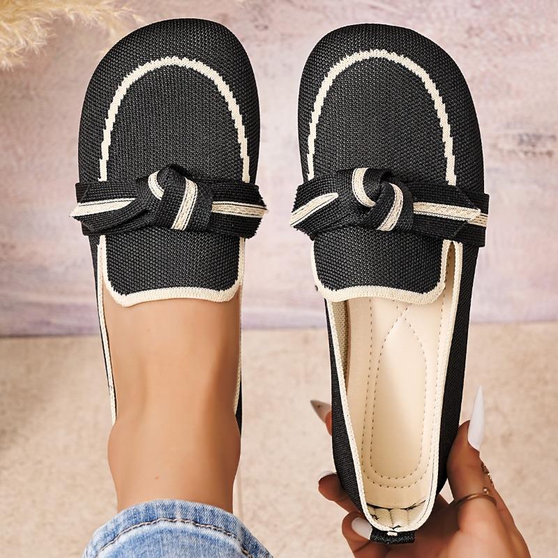 Women's Wide Width Bow Detail Flyknit Flats - Round Toe Slip-On Casual Shoes for Fall, Comfort Breathable Loafers