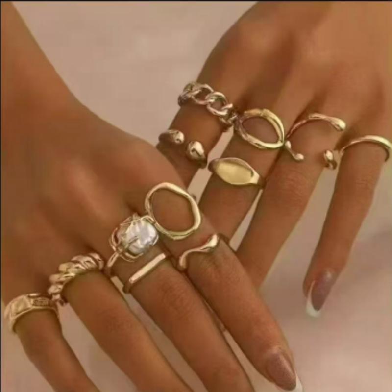 12pcs/set Vintage Gold Color Irregular Geometric Open Rings For Women Exaggerated Metal Thick Chunky Finger Ring Party Jewelry