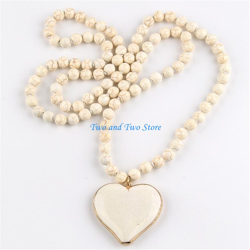 HX6F Bohemian Turquoise Heart Pendant Necklace for Women Vintage Sweater Chain