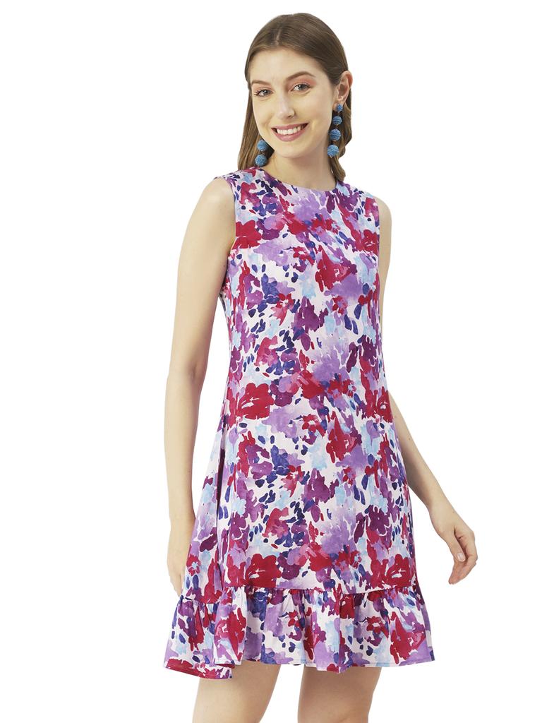 Moomaya Women  S Printed Short Dress, Sleeveless Frilled Hem Round Neck Mini