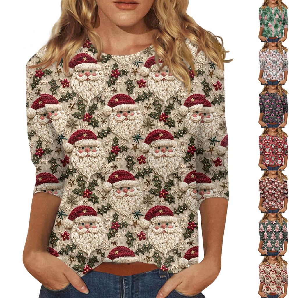 Women's Fashionable Casual Three-Quarter Sleeve Christmas Print Round Neck Top