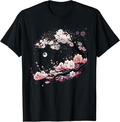 Sakura Cherry Blossom Moon Graphic T-Shirt Soft Breathable Cotton Round Neck Tee