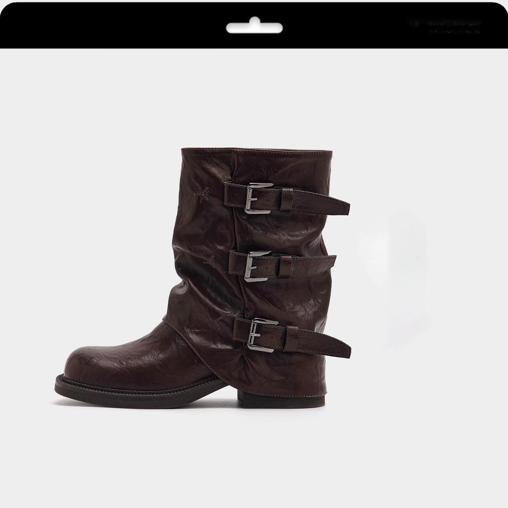 Thick-soled Belt Buckle Pleated Medium Boots Women's 2025 Autumn and Summer New Western Cowboy Short Boots Martin Boots Pant Tube Boots