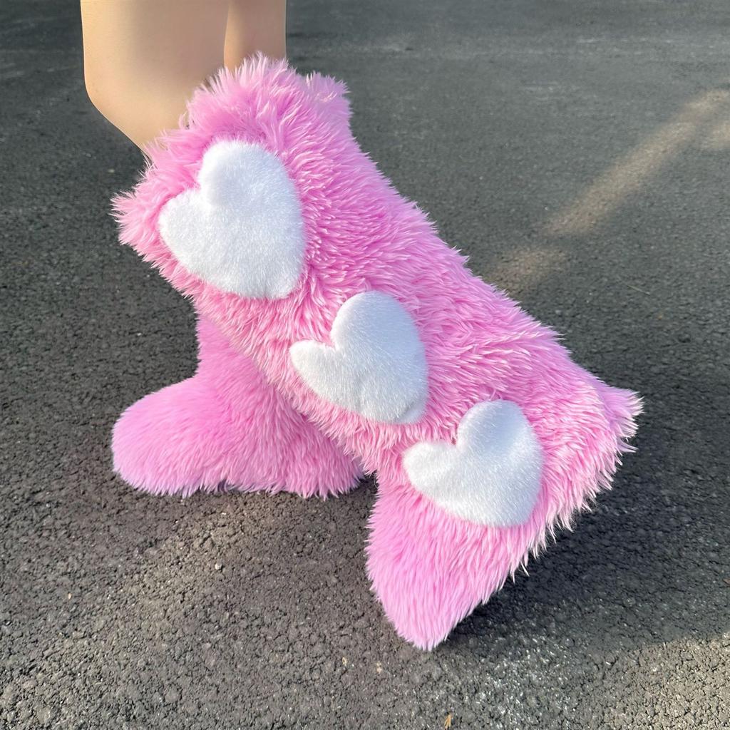 IPPEUM Knee High Fur Boots Heart 2025 New Shoes Plus Size 44 Plush Long Boots