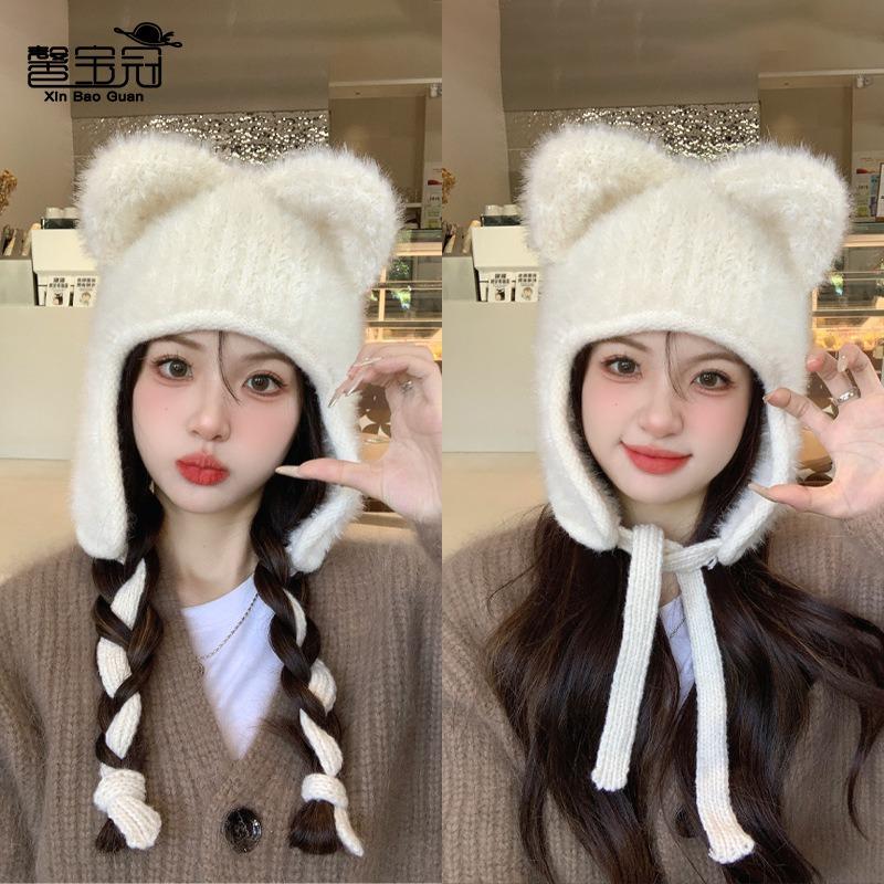Bear knitted hat children's winter plush warm ear protector wool hat sweet versatile face small pullover hat