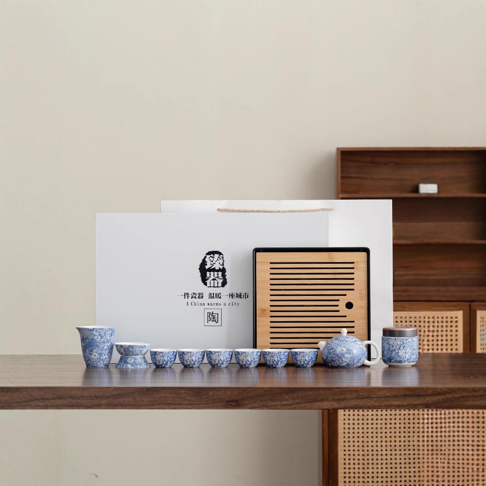 

Suet jade flowering kung fu tea set ceramic teapot cover bowl Chinese retro beam pot gift box high-end gift