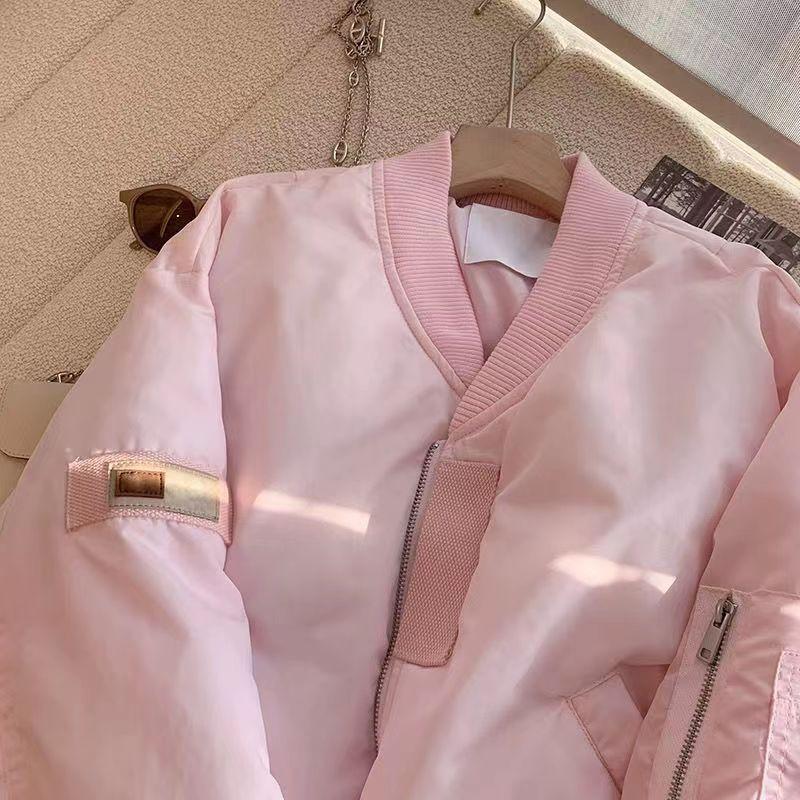 Rosa Jacka i Baseballstil Vinter Varm Vadderad Kappa Kort Ståkrage Söt Ungdomlig Mode Ytterkläder